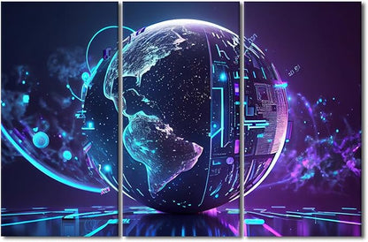 TUMOVO 3 Pieces Wall Art for Living Room, Neon Colorful Global World in Cyber Space Prints for Home Wall Decor, Cyber Space Posters for Home Hotel Wall Decoration, Ready to Hang, 42" Wx28 H