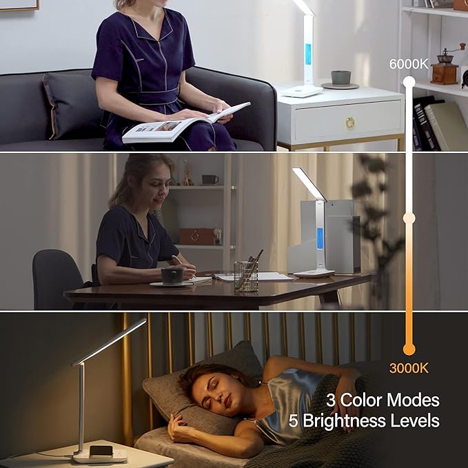 poukaran LED Desk Lamp with Wireless Charger, USB Charging Port, Table Lamp with Clock, Alarm, Date, Temperature, Desk Lamps for Home Office,Black