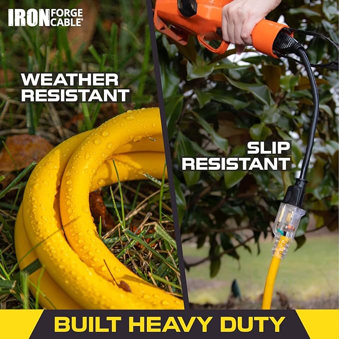 Iron Forge Cable Weatherproof 100 Ft Outdoor Extension Cord - 14/3 SJTW 15 Amp Heavy Duty Yellow Extension Cord 3 Prong - Lighted End