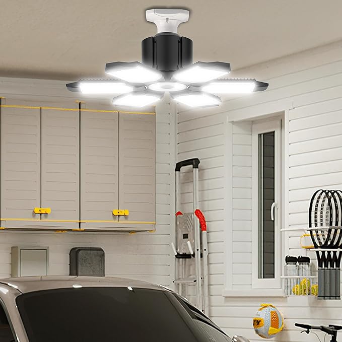 BRAINIAC 100W LED Garage Light Bulb, Deformable Garage Lighting Led with 6 Adjustable Panels, E26/E27 Screw-in Shop Lights for Basement Workshop Corridor Stadium - 4Pack