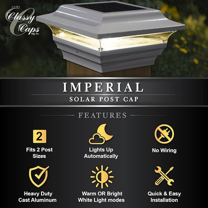 Classy Caps 4x4 Imperial Solar Post Cap - Fits 4"x4" and 3.5"x3.5" Deck & Fence Posts, White Cast Aluminum - Warm and Cool Light Modes - Heavy-Duty - Mod. #SL211W