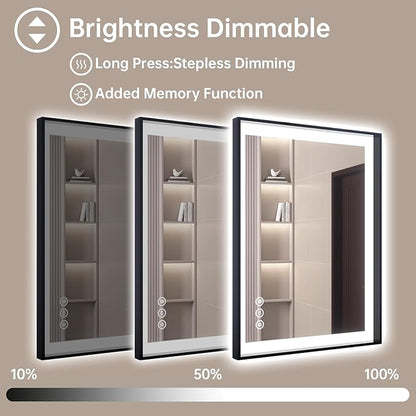 24x32 LED Bathroom Mirror with Lights, Black Aluminum Framed, Backlit + Front Lit, Lighted Bathroom Vanity Mirror for Wall, Anti-Fog, Memory Function, Dimmable, Shatterproof ETL Listed