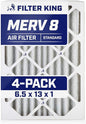 Filter King 6.5x13x1 Air Filter | 4-PACK | MERV 8 HVAC Pleated A/C Furnace Filters | MADE IN USA | Actual Size: 6.5 x 13 x .75"