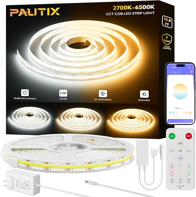 PAUTIX COB LED Strip Light White CCT Tunable 32.8ft/10m,UL-Listed 6400LEDs Dimmable 2700K-6500K CRI90+ 24V LED Tape Light Kit with APP Control/Music Mode,for Under Cabinet Bedroom Kitchen DIY Lighting