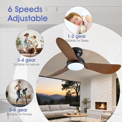 46 Inch Modern Ceiling Fans with Lights, Flush Mount Ceiling Fan, Remote/APP Control, 3 Reversible Curved Blades, 6 Speeds, 3 CCT Dimmable LED Lights for Living Room Bedroom, Brown