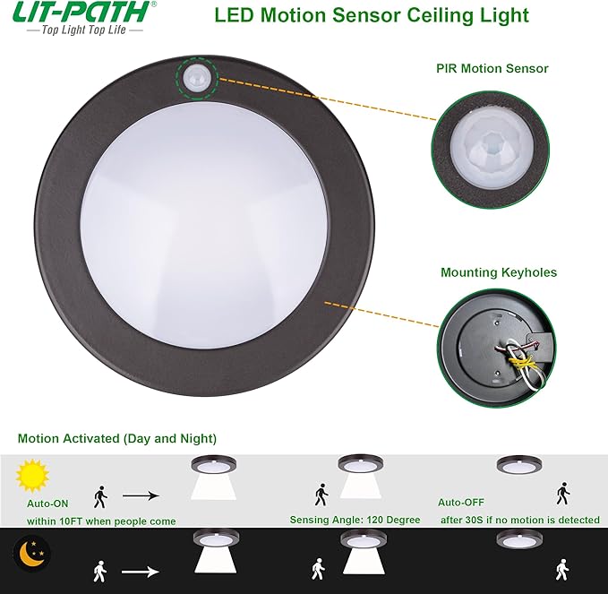 LIT-PaTH LED Flush Mount Ceiling Light, Closet Lighting Fixture with Motion Sensor, 10.5W, 700 Lumen, 6.2 Inch, Anti-Rust Galvanized Housing, Bronze Finish 5000K 4-Pack