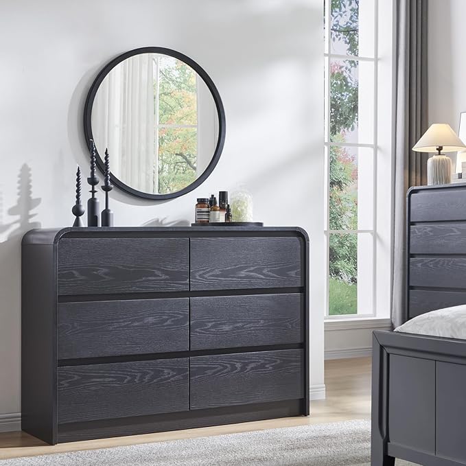 Modern 6 Drawers Dresser for Bedroom, 47" Wide Wood Dressers & Chests of Drawers w/Curved Profile Design, Mid Century Modern Dresser w/Natural Texture for Bedroom, Living Room, Black