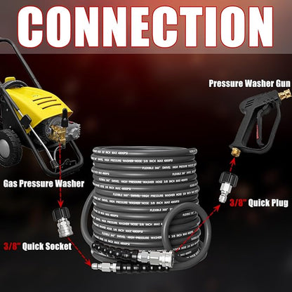 Kink-Resistant 3/8" Pressure Washer Hose 4800PSI(50FT),Steel Wire Braided Wear Resistant Rubber for Commercial, Industrial and Residential Use,Hot&Cold Water Hose with 3/8" Quick Connect
