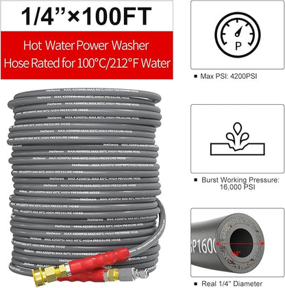 Pressure Washer Hose 100ft 4200PSI with 3/8 Quick Connect, 1/4 Commercial Grade Steel Wire Braided Kink Resistant Power Washer Extension Hose, Flexible Replacement Hose Adapter Set