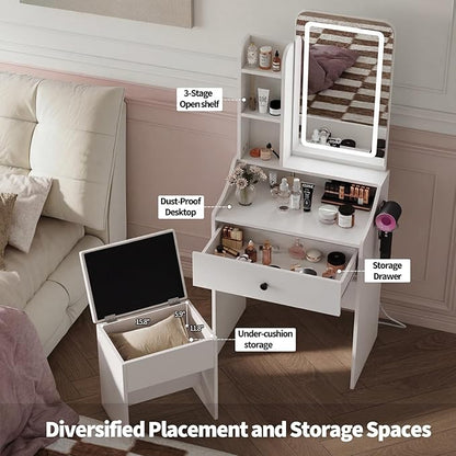 DUMOS Makeup Vanity Desk, Vanity Table Set with Mirror and Lights, Small Vanity with Storage Bench, Charging Station and Hair Dryer Holder, Dressing Table with Drawer and Three Shelves, White