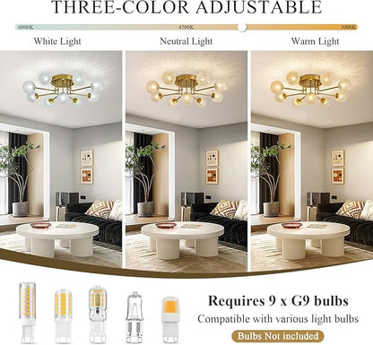 Sputnik Semi Flush Mount Ceiling Light Gold Glass Globe Chandelier Ceiling Lighting Mid Century Modern 9 Lights Bubble Chandelier for Dining Living Room Bedroom