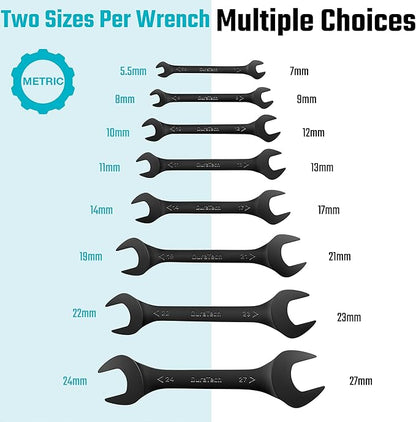 DURATECH Super-Thin Open End Wrench Set, Metric, 8-Piece, 5.5mm to 27mm, Black Electrophoretic Coating, with Rolling Pouch