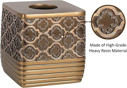 Zahari Home 2pc Spindle Modern Bath Accessories Set Waste Basket & Tissue Box Modern Classic Contemporary Decorative Beautiful Designs Bathroom Decor Set for Home Gold Complete Bathroom Sets