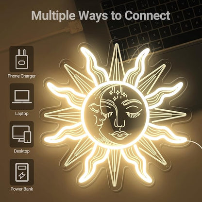 Vintage Burning Sun and Moon Neon Sign - Remote Dimmer 3D Boho Aesthetic Room Decor Celestial Mystic Sun Moon USB Power LED Sign Light w/Closed Eyes Psychedelic for Bedroom Gift - 12"