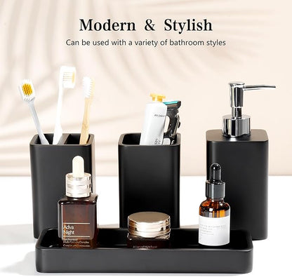 YMXYJM Bathroom Accessories Set, 4 Pcs Bathroom Accessory Set, Soap Dispenser, Toothbrush Holder, Qtip Holder Set, Bathroom Sets Complete, Bathroom Sink Set for Modern Home Decor, Black