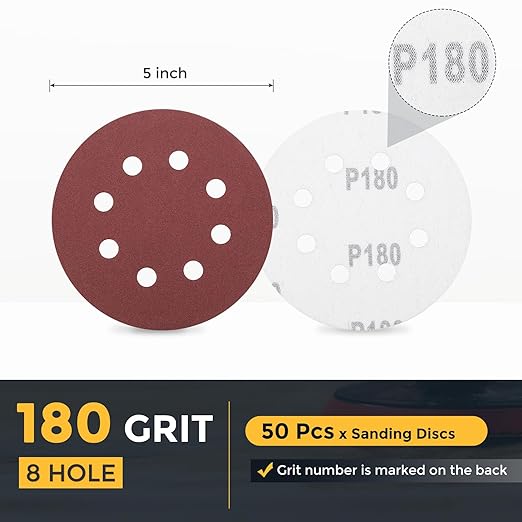 HARFINGTON 50 Pcs 5 Inch Sanding Discs, 180 Grit Hook and Loop Sandpaper, 8-Hole Aluminum Oxide Round Sanding Paper for Woodworking Automotive Metal Polishing, Red