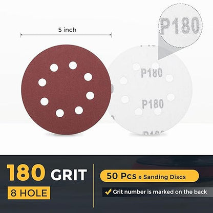 HARFINGTON 50 Pcs 5 Inch Sanding Discs, 180 Grit Hook and Loop Sandpaper, 8-Hole Aluminum Oxide Round Sanding Paper for Woodworking Automotive Metal Polishing, Red