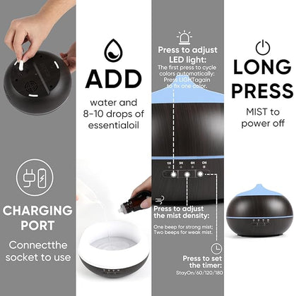 HAPPTWS 500ML Essential Oil Diffuser - BPA Free Ultrasonic Aromatherapy Diffuser, with 7-Color Lights Waterless Auto Shut Off for Home、Room、pet Room - Black