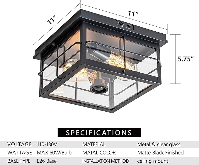 Flush Mount Outdoor Ceiling Light with Motion Sensor, Modern Porch Ceiling Light Fixture, Adjustable Sensor 2-Light Farmhouse Ceiling Mount Lighting with Clear Glass for Patio, House