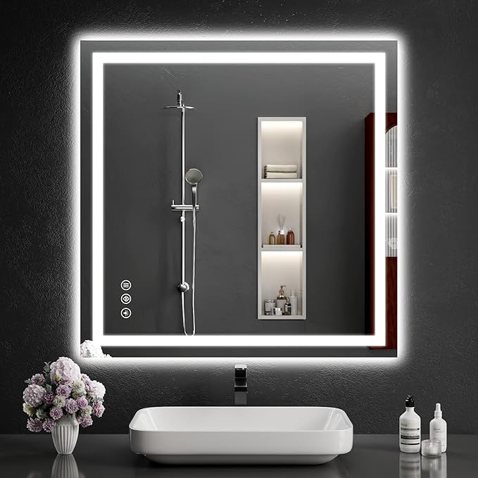 36"x36" LED Bathroom Mirror with Lights, Dimmable, Anti-Fog, Lighted Bathroom Vanity Mirror for Wall, Backlit + Front Lit, Memory Function, Shatter-Proof, Tempered Glass