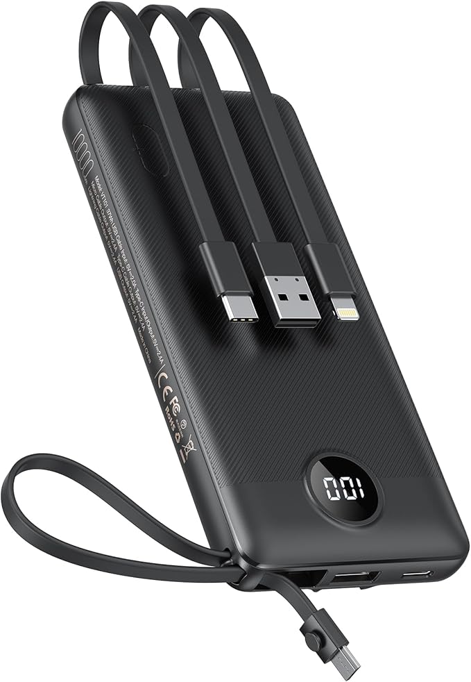VEEKTOMX Portable Charger Built-in Cables,10000mAh Power Bank for iPhone,Fast Charge USB C Battery Pack Travel Essentials Powerbank Compatible with iPhone 17/16/15/14, Samsung S25/24, Android, etc