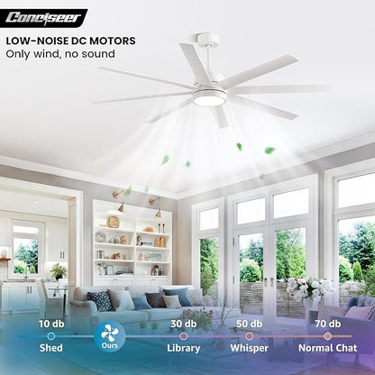 Modern Ceiling Fans with Lights, 65 Inch Ceiling Fan with Light and Remote for Bedroom Living Room Kitchen Office, Indoor/Outdoor Use, 24W 3CCT 8 Blades 6 Speed Reversible Quiet DC Motor, White