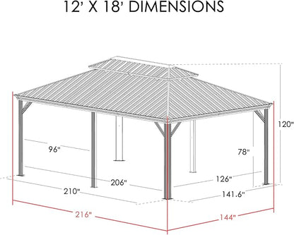 Kozyard Alexander 12' X 18' Hardtop Permanent Aluminum Metal Gazebo with Galvanized Steel Double Roof Canopy, Curtain and Netting, Gazebo Pavilion for Patio, Backyard, Deck, Lawn (Brown)