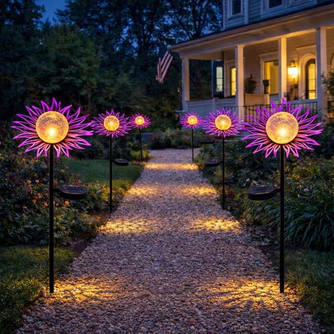 Solar Garden Lights Outdoor Decor, Metal Flower Solar Stake Light with Warm White Crackle Glass, Waterproof Yard Art Ornament for Patio Lawn Backyard, Unique Gardening Gifts for Women (Purple)