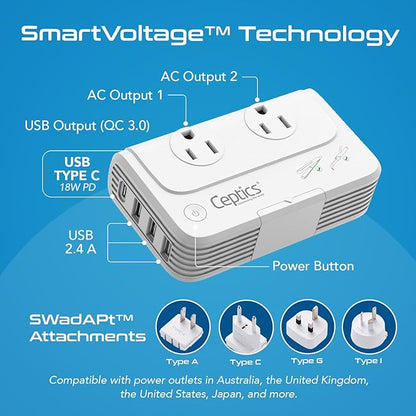 Ceptics 200 W Voltage Converter, Convert 220 V to 110V for Devices Like Curling Iron, Straightener, Chargers, Step Down World Power Plug - 4 USB PD 18W Fast Charging - EU/AU/UK/US Included
