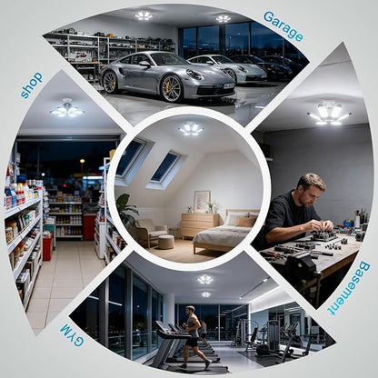 TANBABY 260W Motion Sensor Garage Lights, 30000LM Shop Lights with Remote Control 3 Modes (ON/Off/AUTO), 30/60/120s Timer, E26 Screw-in Deformable 6-Panel 6500K Ceiling Light for Garage Shop (2 Pack)
