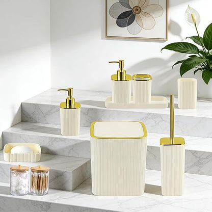Bathroom Accessories Set-9PC Set, Complete Bathroom Decor & Home Decor, Bathroom Set with Toilet Brush, Trash Can, Soap Dispenser,Modern Home Bath (Beige&Gold, Bath Set)