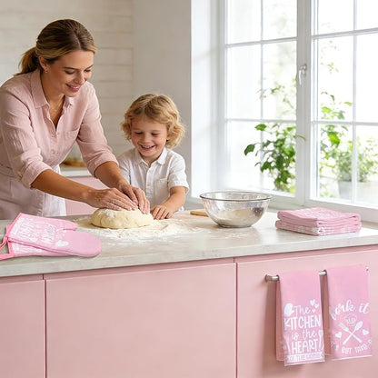 8 Pcs Pink Kitchen Decor Set 4 Pink Kitchen Dish Towels 2 Oven Mitt 2 Pot Holders for Kitchens Cooking Baking Spring Valentine's Day Decoration Farmhouse Housewarming Accessories Mom Gifts