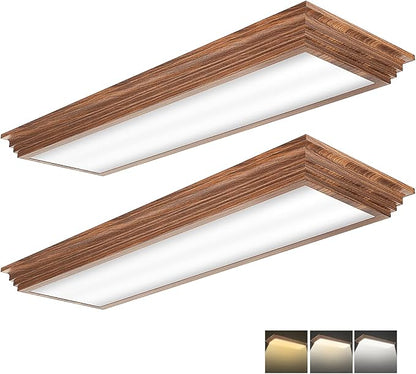 FAITHSAIL 2FT LED Light Fixture with 3000K/4000K/5000K CCT Selectable Dimmable 2 Foot LED Linear with Wooden Look 30W 3300LM Flush Mount Ceiling Wraparound for Kitchen, Bedroom, Laundry, 2 Pack