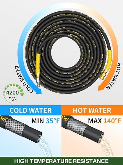 4200PSI Pressure Washer Hose 75FT with 3/8" Swivel Quick Connect for Cold/Hot Water, Kink Resistant Steel Wire Braided, Wear Resistant Power Washer Hose with 2 M22 14mm Adapter Set