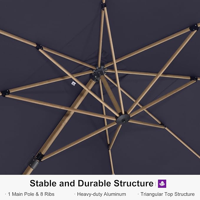 PURPLE LEAF 12FT Patio Umbrella With Base Square Cantilever Umbrella Teak Finished Aluminum Frame Large Windproof Offset Outdoor Sun Umbrellas for Beach Pool Deck, Navy Blue