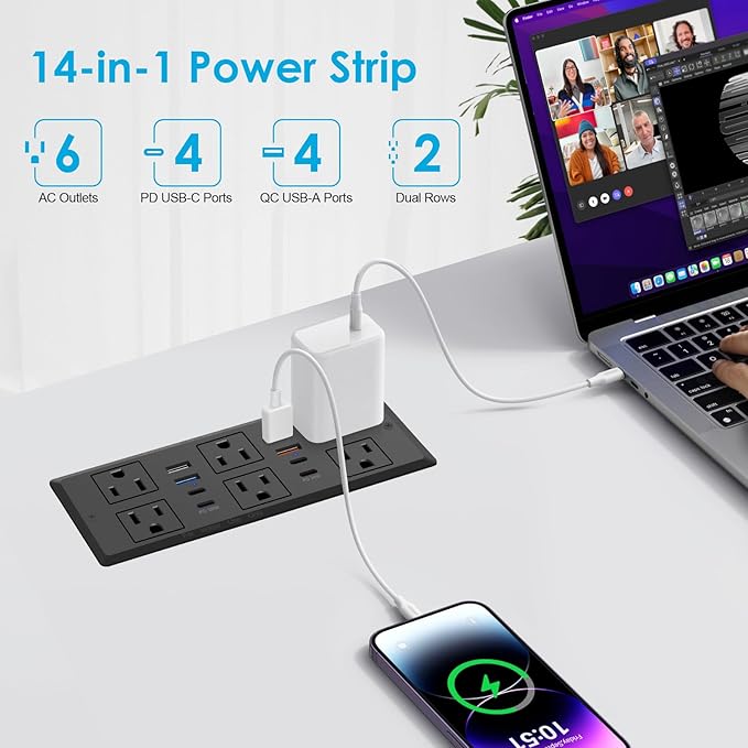 Recessed Power Strip with PD 30W Fast Charging, Conference Desk Flush Mount Outlets Plug in 6 Outlets & 8 USB Ports,3FT Cord Furniture Drawer Outlet Black