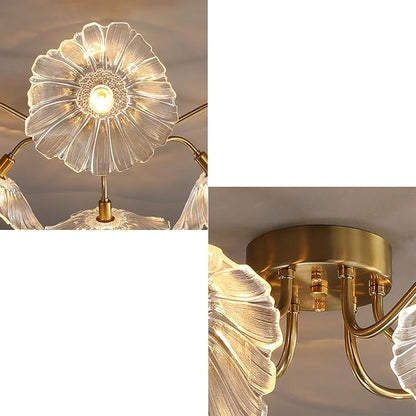 Mid Century Modern Flush Mount Ceiling Light Fixture 6 Lights Gold Brass Ceiling Lights with Clear Glass Flower Shade Sputnik Chandelier Dining Room Large Close to Lighting Fixtures