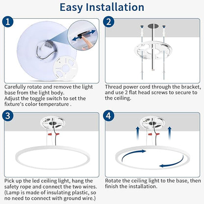 15'' Led Flush Mount Ceiling Light Fixture, 32W 3200LM, Dimmable & 3000K/4000K/6500K Selectable, Modern White Ceiling Lamp for Bedroom, Kitchen, Home Office, Hallway, Wired