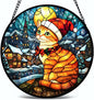 Stained Glass Window Hanging - Bright Moon and Ginger Cat Snowy Night Suncatcher fof Garden Home Decor for Women Mon Grandma Friends