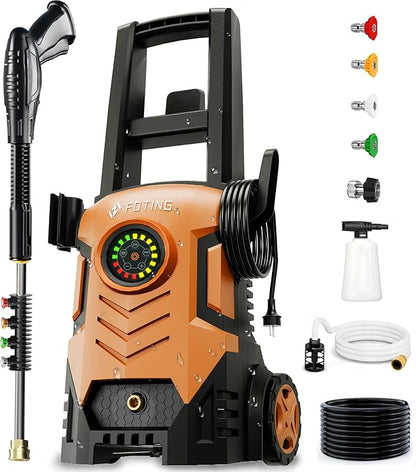 FOTING Pressure Washer with Adjustable Touch Screen 8 Level, 4 Quick Connect Nozzles,Inlet Hose&Filter&Foam Cannon for Cars/Fences/Driveways/Home Cleaning,Red