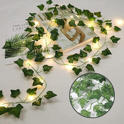 2 Pack 6.56 Ft Green Ivy Leaves Fairy String Lights Battery Operated, 40 LEDs Battery Powered Artificial Garland Plant Vine Fairy Light for Bedroom Wedding Party Holiday Patio Decor（Warm White）