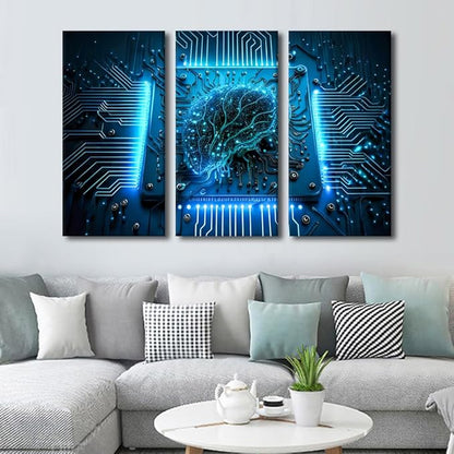 TUMOVO Wall Art for Living Room Artificial Intelligence Posters and Prints 3 Panel Computer Processor Canvas Print Kit for Home Wall Decoration, Modern Artwork Framed Ready to Hang, 60" Wx40 H
