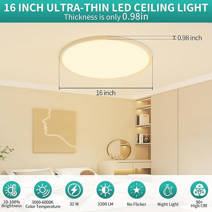 16 Inch LED Flush Mount Ceiling Light,32W Ultra-Thin Modern Round Light Fixture with Remote,Dimmable 3000K-6000K,White,3200LM,Memory & Night Light Mode for Bedroom, Kitchen,Living Room