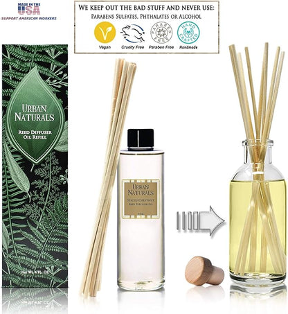 Urban Naturals Spiced Chestnut Oil Reed Diffuser Refill with Free Set of Reed Sticks – Comforting Autumn Scent of Chestnuts, Cinnamon, Clove and Cedar Wood – Vegan, 4 oz, Made in the USA