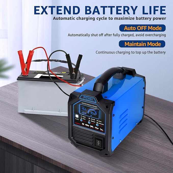 12V 24V Car Battery Charger Heavy Duty, 0-15A Automatic Battery Maintainer, Smart Trickle Charger with Auto Shutoffs, Repair, Winter Mode, for Automotive Car Truck Motorcycle Lawn Mower Boat AGM