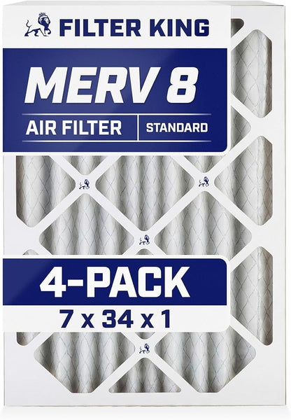 Filter King 7x34x1 Air Filter | 4-PACK | MERV 8 HVAC Pleated A/C Furnace Filters | MADE IN USA | Actual Size: 7 x 34 x .75"