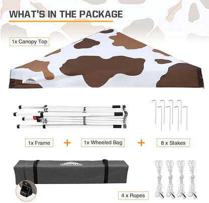 EAGLE PEAK 10x10 Slant Leg Pop-up Canopy Tent Easy One Person Setup Instant Outdoor Beach Canopy Folding Portable Sports Shelter 10x10 Base 8x8 Top (Brown Cow Print)