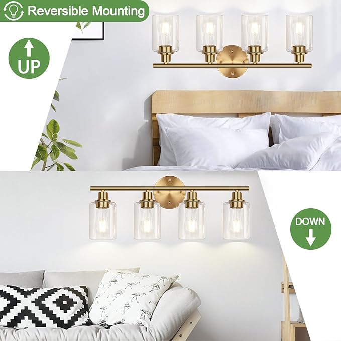 4-Light Bathroom Light Fixtures, Brushed Gold Modern Vanity Lights Over Mirror with Clear Glass Shade, Bathroom Wall Lamp for Mirror Kitchen Living Room Hallway Cabinet Porch Bedroom Reading room
