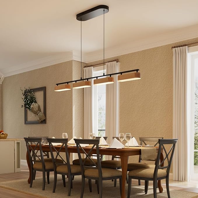50.2" Linear Island Lights for Kitchen, 38W Wood Chandeliers for Dining Room, LED Rustic Dimmable Lighting Fixture for Farmhouse, 4-Light Pendant Lights for Kitchen Island Over Table
