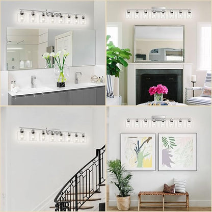 Modern Brushed Nickel 8 Light Bathroom Light Fixtures,52 inch Vanity Lights with Clear Glass, Bathroom Light Fixture for Mirror Kitchen Living Room Hallway Cabinet Porch